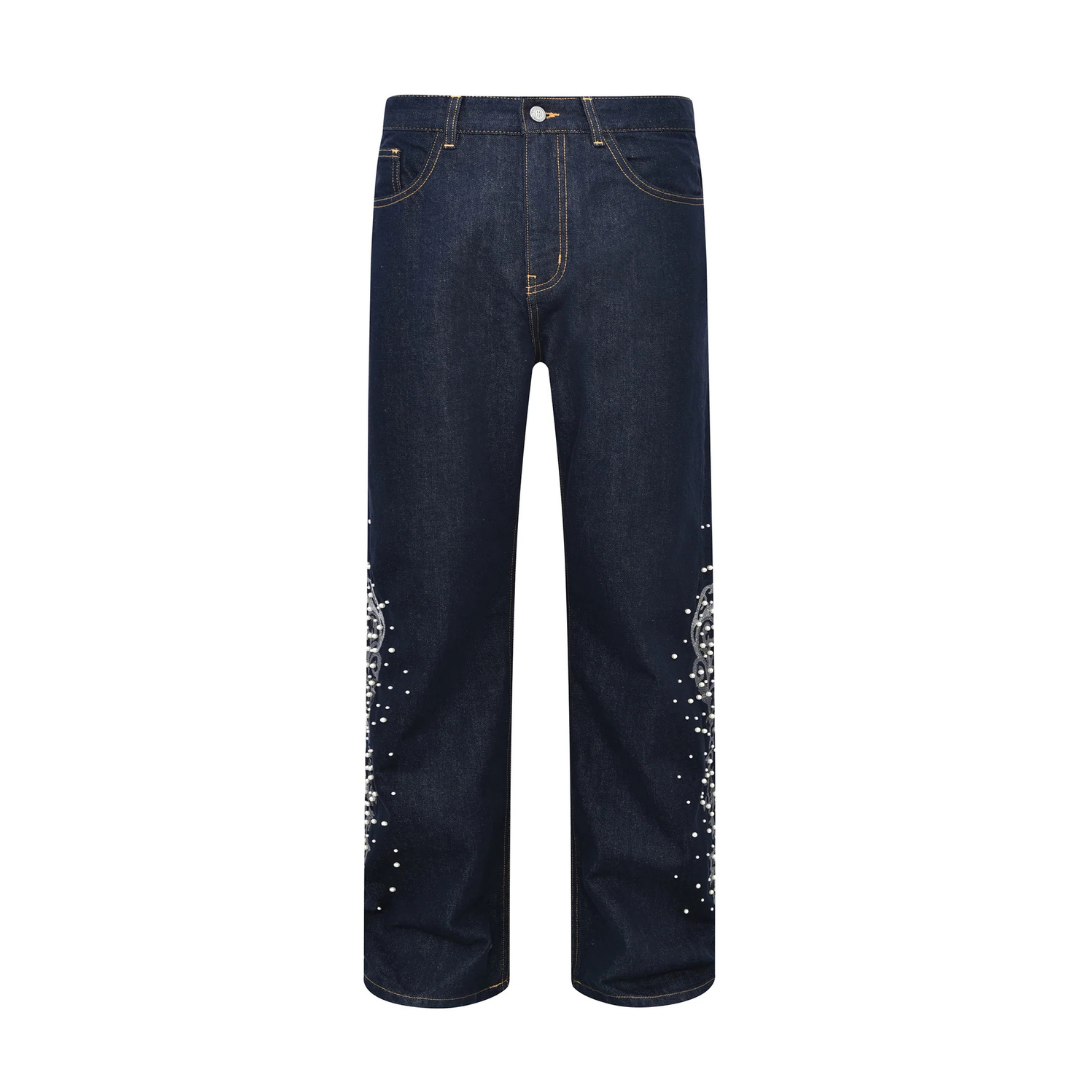 Birth Of Royal Child Raw Embroidered Pearl Flared Denim Jeans - Black