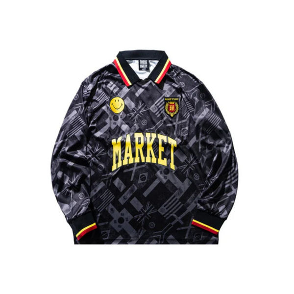 Market Smiley International Flags Long Sleeve Soccer Jersey - Black