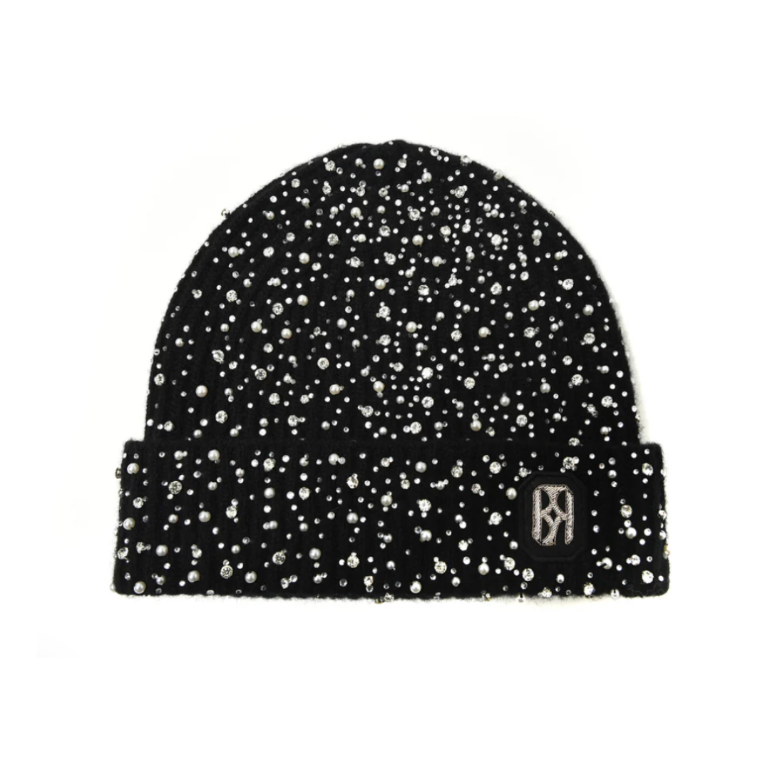 Birth Of Royal Child Full Pearl Rhinestone Beanie - Black