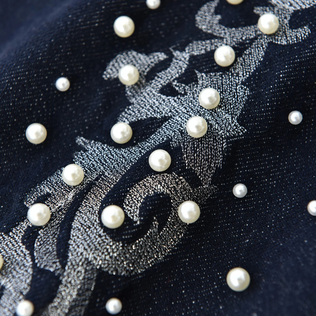 Birth Of Royal Child Raw Embroidered Pearl Flared Denim Jeans - Black