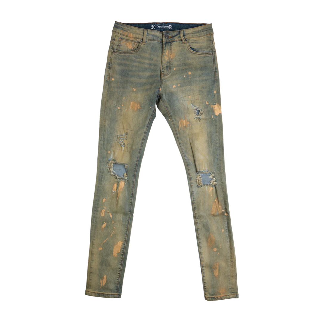 Crysp Atlantic Distressed Paint Splotch Denim - Olive/Brown