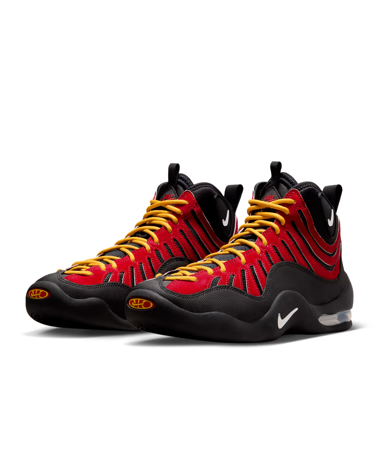 Nike Air Bakin High SP in black and varsity red with yellow laces